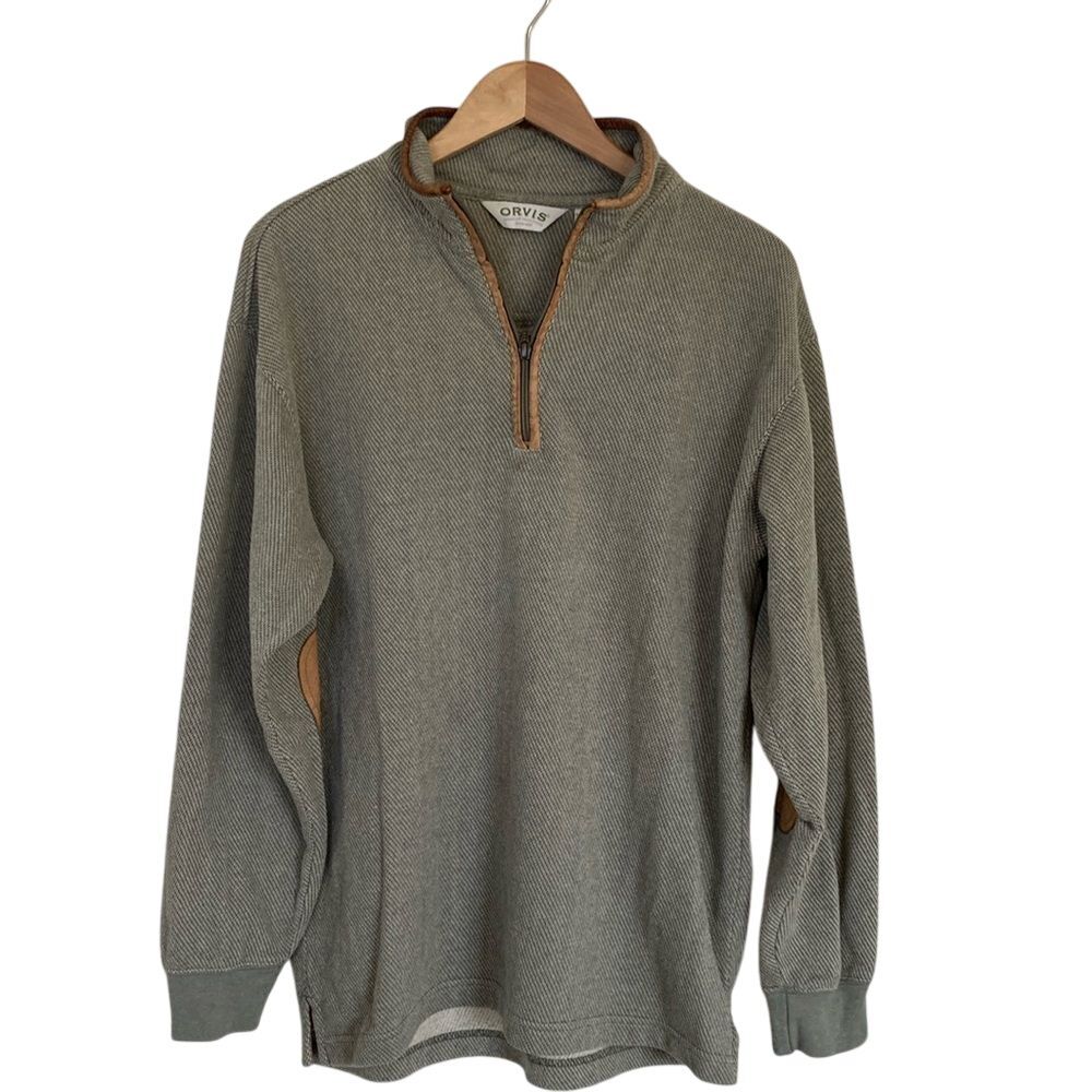 Orvis Mens Pullover Quarter Zip Size M Heathered Grey Tan Leather Trims